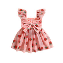 (18-24 Months, Pink) Vestido de tul para niña, con mangas de volantes, cuello cuadrado, estampado de fresas, vestido de princesa.