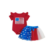 (0-3 Months, Colorful) Conjunto para Bebê Menina: Macacão Bordado + Saia Tule com Laço para o Dia da Independência dos EUA