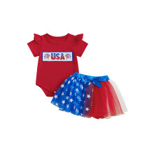 (3-6 Months, Magenta) Conjunto para Bebê Menina: Macacão Bordado + Saia Tule com Laço para o Dia da Independência dos EUA