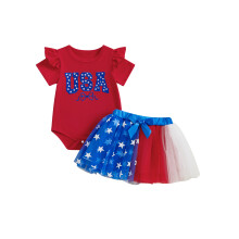 (0-3 Months, Red) Completo neonata 4 luglio: tutina corta ricamata + gonna tulle con fiocco. Abbigliamento neonati.