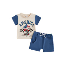 (3-6 Months, Blue) Conjunto de 2 piezas para el Día de la Independencia: camiseta corta con estampado y pantalones cortos elásticos.
