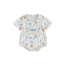 (12-18 Months, Khaki) Tutina primo compleanno, maniche corte, scollo rotondo, stampa a oca, body ricamato con lettere, a bolle.