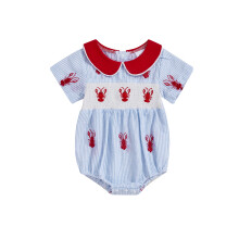 (12-18 Months, Blue) Tutina da neonato a maniche corte con colletto a bambola e ricamo a forma di aragosta, ideale per l'estate.