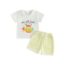 (18-24 Months, White) Conjunto de verão para bebês: camiseta com estampa de submarino e shorts xadrez (2 peças)