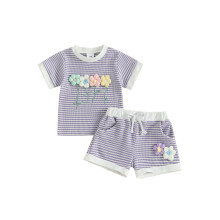 (3-4Y, PURPLE) Conjunto feminino infantil de verão com blusa listrada de manga curta e shorts elásticos. 2 peças.