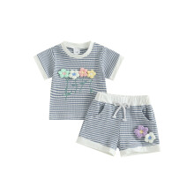 (3-4 Years, Blue) Conjunto feminino infantil de verão com blusa listrada de manga curta e shorts elásticos. 2 peças.
