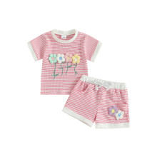 (3-4Y, Pink) Conjunto feminino infantil de verão com blusa listrada de manga curta e shorts elásticos. 2 peças.