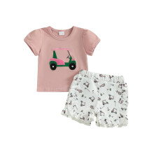 (3-4 Years, Pink) Conjunto de verão para meninas: camiseta de golfe e shorts com elástico. Roupa fofa de duas peças.