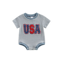 (3-6 Months, Blue) Tutine estive per neonati maschi, body a righe con ricamo per il Giorno dell'Indipendenza, salopette.
