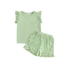 (2-3 Years, Dark Cyan) Conjunto de verão de duas peças para bebês e meninas: shorts, regata sem mangas com gola redonda e shorts florais.