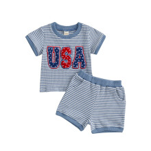 (6-12 Months, Blue) Sada kraťasů pro miminka, tričko s krátkým rukávem a pruhované kraťasy, letní outfit na 4. červenec