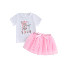 (18-24 Months, White) Conjunto verão meninas: blusa manga curta esqueleto + saia tule.