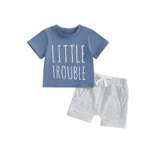 (12-18 Months, Blue) Conjunto de verão menino: camiseta com estampa e shorts (2 peças).