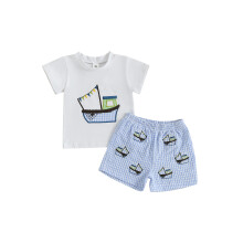 (18-24 Months, White) Conjunto verano bebé niño: camiseta corta barcos y pantalón corto elástico a rayas (2 piezas).