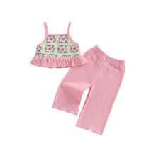 (18-24 Months, Pink 2) Éadaí Samhraidh do Chailín Óg, Patrún Bláthanna, Barr Gan Muinchille agus Bríste Cosa Leathan, Tacar 2 phíosa