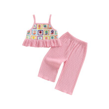 (6-12 Months, Pink 1) Éadaí Samhraidh do Chailín Óg, Patrún Bláthanna, Barr Gan Muinchille agus Bríste Cosa Leathan, Tacar 2 phíosa