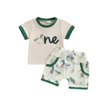 (6-12 Months, Khaki) Conjunto 1º aniversário menino: camiseta manga curta com estampa de letras e shorts com patinhos.