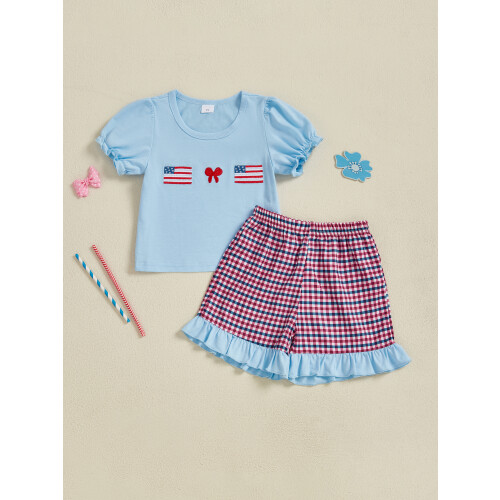 (6-12 Months, Blue) Conjunto para meninas de julho. 2