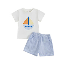 (12-18M, WHITE) Conjunto de verão para meninos: shorts listrados e camiseta bordada de veleiro.