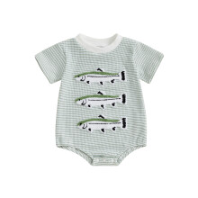 (0-3 Months, Green) Tutina estiva per neonati con motivo a nido d'ape, righe, ricamo a pesce, maniche corte e scollo rotondo.