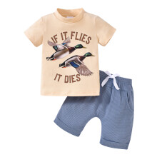(2-3 Years, Khaki) Conjunto de verão para bebê menino: camiseta curta com estampa de letras e patinhos + shorts (2 peças).