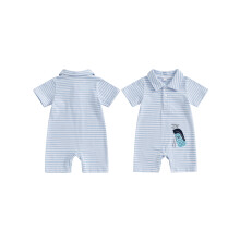 (6-12 Months, Blue) Tutina da neonato a maniche corte con righe e ricami, ideale per l'estate e per tutti i giorni.