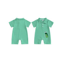(6-12M, green) Tutina da neonato a maniche corte con righe e ricami, ideale per l'estate e per tutti i giorni.