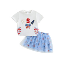 (2-3 Years, Ivory) Conjunto 4 de julho: blusa curta com gola redonda, laço e bordado, saia de tule evasê.
