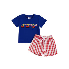 (12-18 Months, Red) Conjunto infantil masculino 4 de julho: camiseta curta com bordado e shorts xadrez (2 peças).