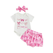 (0-3 Months, Pink) Conjunto verão menina: macacão curto laço + saia-calça com elástico (3 peças)