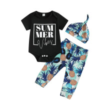 (3-6 Months, Black) Conjunto de verão para bebê: 3 peças com calça, body de manga curta e chapéu.