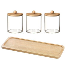 4 Pcs/Set ,3 Swabs/Balls/Pads Holder with 1 Dresser Bamboo Tray, Apothecary Jar with Bamboo Lid,Clear Bathroom Container