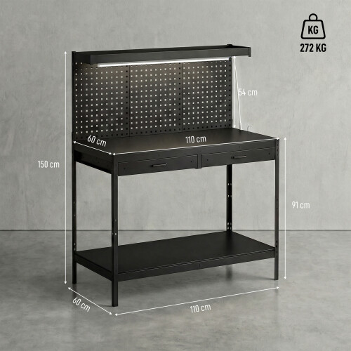 Homcom HOMCOM 110 cm Workbench with Pegboard and LED Light, 272 kg Load Capacity 2