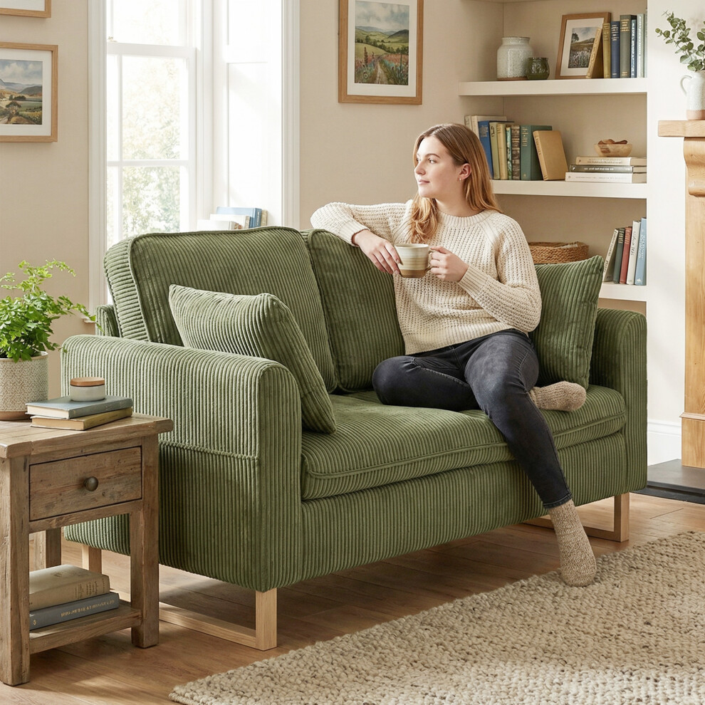 Homcom 2 Seater Sofa, Corduroy Sofa W/ Spring Cushions 2 Pillows, Dark Green