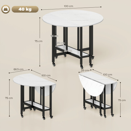 Homcom HOMCOM Folding Dining Table, Drop Leaf Table with Open Shelf, White Marble 2
