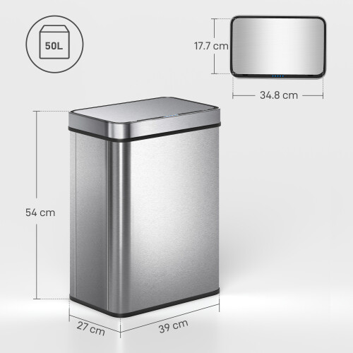 Homcom HOMCOM 50 L Kitchen Bin with Fingerprint-Proof Stainless Steel, Silver Tone 2