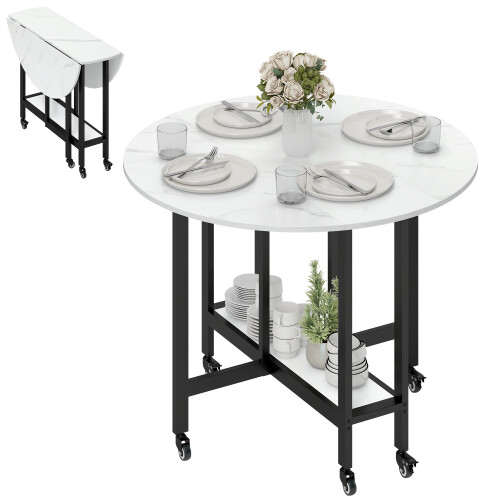 Homcom HOMCOM Folding Dining Table, Drop Leaf Table with Open Shelf, White Marble 1