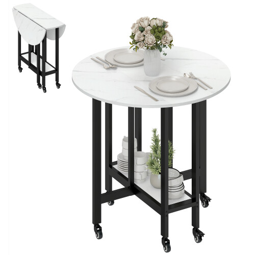 Homcom HOMCOM Folding Dining Table, Drop Leaf Table with Open Shelf, White Marble 1