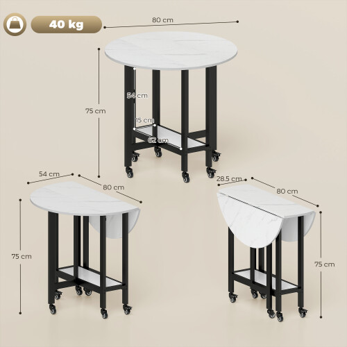 Homcom HOMCOM Folding Dining Table, Drop Leaf Table with Open Shelf, White Marble 2