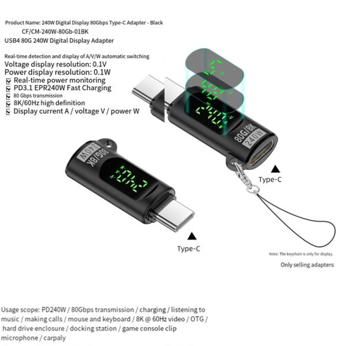 USB4 80Gbps Adapter Digital Display USB 4 V2.0 80Gbps Type C to Type C OTG Cable Connector 240W 8K Grey 1