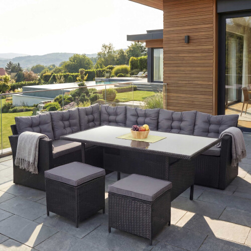 Poly-Rattan-Garnitur MCW-A29, Gartengarnitur Sitzgruppe Lounge-Esstisch-Set, schwarz 1