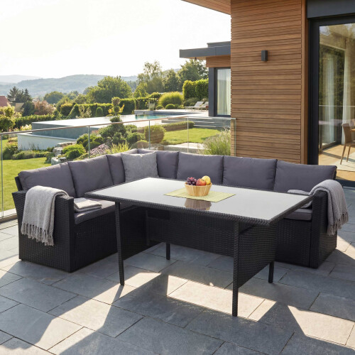 Poly-Rattan-Garnitur MCW-A29, Gartengarnitur Sitzgruppe Lounge-Esstisch-Set, schwarz 1