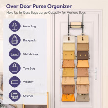 Over the Door Purse Organizer - Wall Mounted Handbag Organizer with 16 Hooks and Metal Basket, Storage Rack Holds