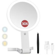 Miroir Grossissant avec Éclairage, Miroir de Maquillage de Double Face 30X/1X avec Grossissement, Éclairage 3 Couleurs