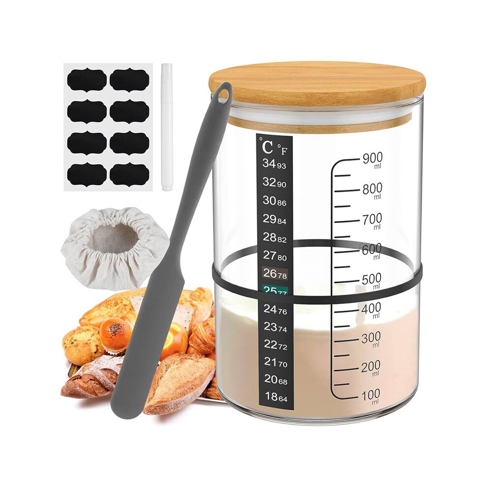 Sourdough Fermentation Jar 900Ml, Round Food Storage Container With Wooden Lid, Reusable For Bread Baking 4852367058318
