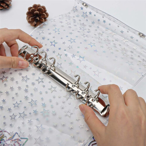 A6 Budget Binder Cover Clear PVC 6 Ring Binder Glitter Star Refillable Notebook Shell Protector with 2 Snaps 2