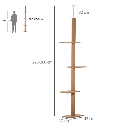 PawHut PawHut 260cm Cat Tree Floor To Ceiling Adjustable Height, Light Brown 2