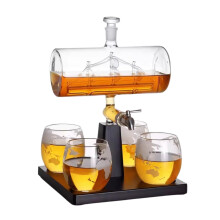 Whiskey Decanter Set with Nautical Sailboat Design and Wooden Base, Includes Glasses Gift Set
