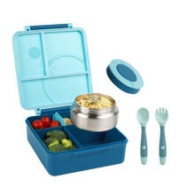 Lancheira Bento Infantil com Recipientes Térmicos À Prova de Vazamentos para Alimento Infantil de 8oz com 4 Compartimentos para Escola e Viagem Azul
