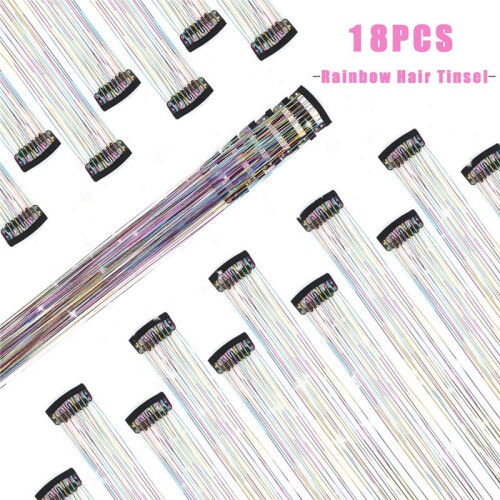 18 Presilhas de Cabelo com Fio Brilhante, 52 cm (20,5 Polegadas), Acessórios de Cabelo Deslumbrantes para Festas com Efeito Arco-Íris 1